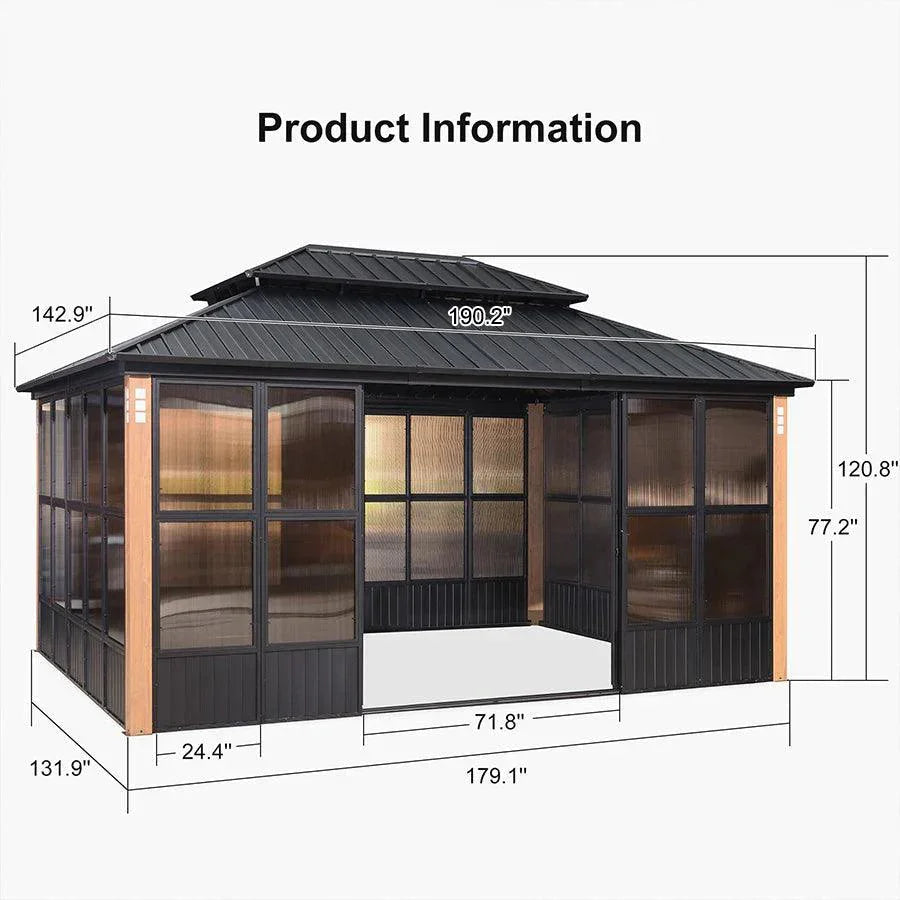 PURPLE LEAF Sunroom Hardtop Gazebo with Wood Grain Columns Black Frame Double Roof Galvanized Steel Solarium All-Weather Screen House