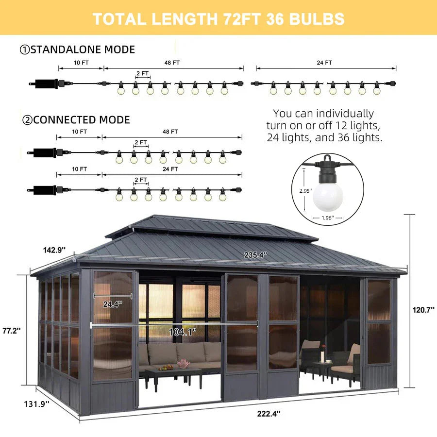 PURPLE LEAF Sunroom Hardtop Gazebo Solarium Grey Galvanized Steel Double Roof  All-Weather Aluminum Outdoor Screen House with String Lights
