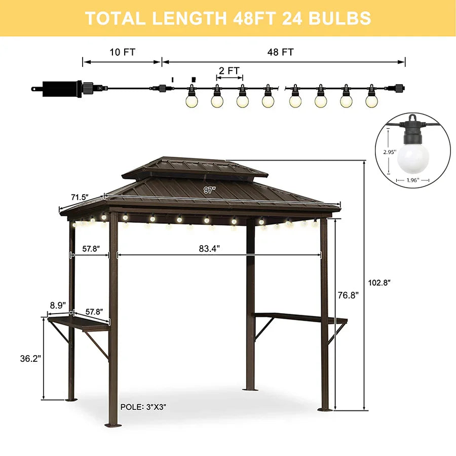 PURPLE LEAF Hardtop Grill Gazebo for Patio Bronze Permanent Metal Roof Outside Sun Shade Outdoor BBQ Canopy with String Lights
