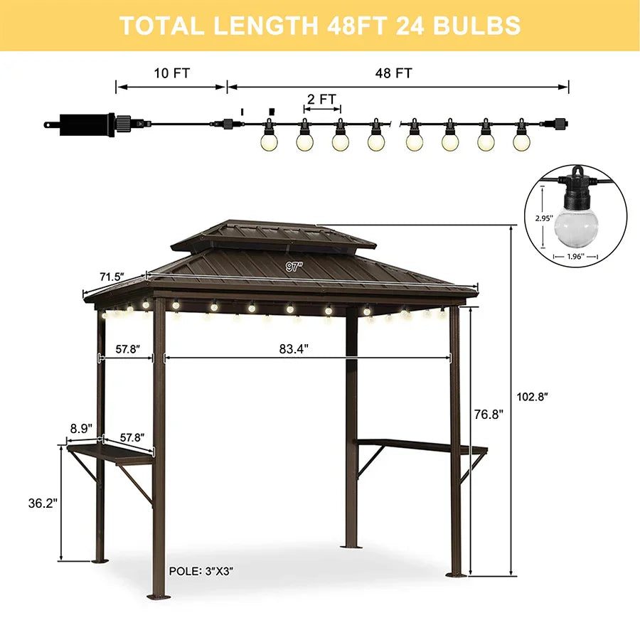 PURPLE LEAF Hardtop Grill Gazebo for Patio Bronze Permanent Metal Roof Outside Sun Shade Outdoor BBQ Canopy with String Lights