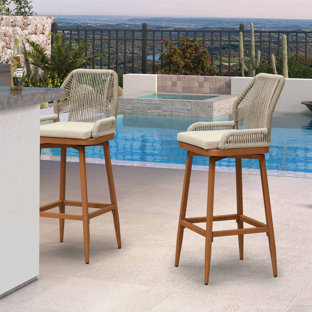 PURPLE LEAF Outdoor Swivel Bar Stools Set of 2 Patio 360° Rotating All-Weather Wicker Stools with Back and Cushion for Outside Backyard Kitchen Bistro Garden Bar