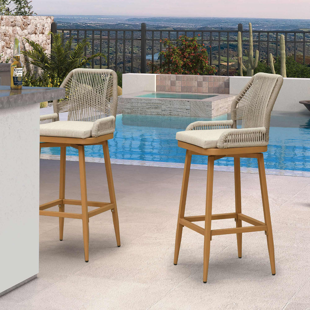 PURPLE LEAF Outdoor Swivel Bar Stools Set of 2 Patio 360° Rotating All-Weather Wicker Stools with Back and Cushion for Outside Backyard Kitchen Bistro Garden Bar