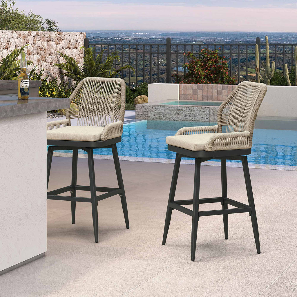 PURPLE LEAF Outdoor Swivel Bar Stools Set of 2 Patio 360° Rotating All-Weather Wicker Stools with Back and Cushion for Outside Backyard Kitchen Bistro Garden Bar