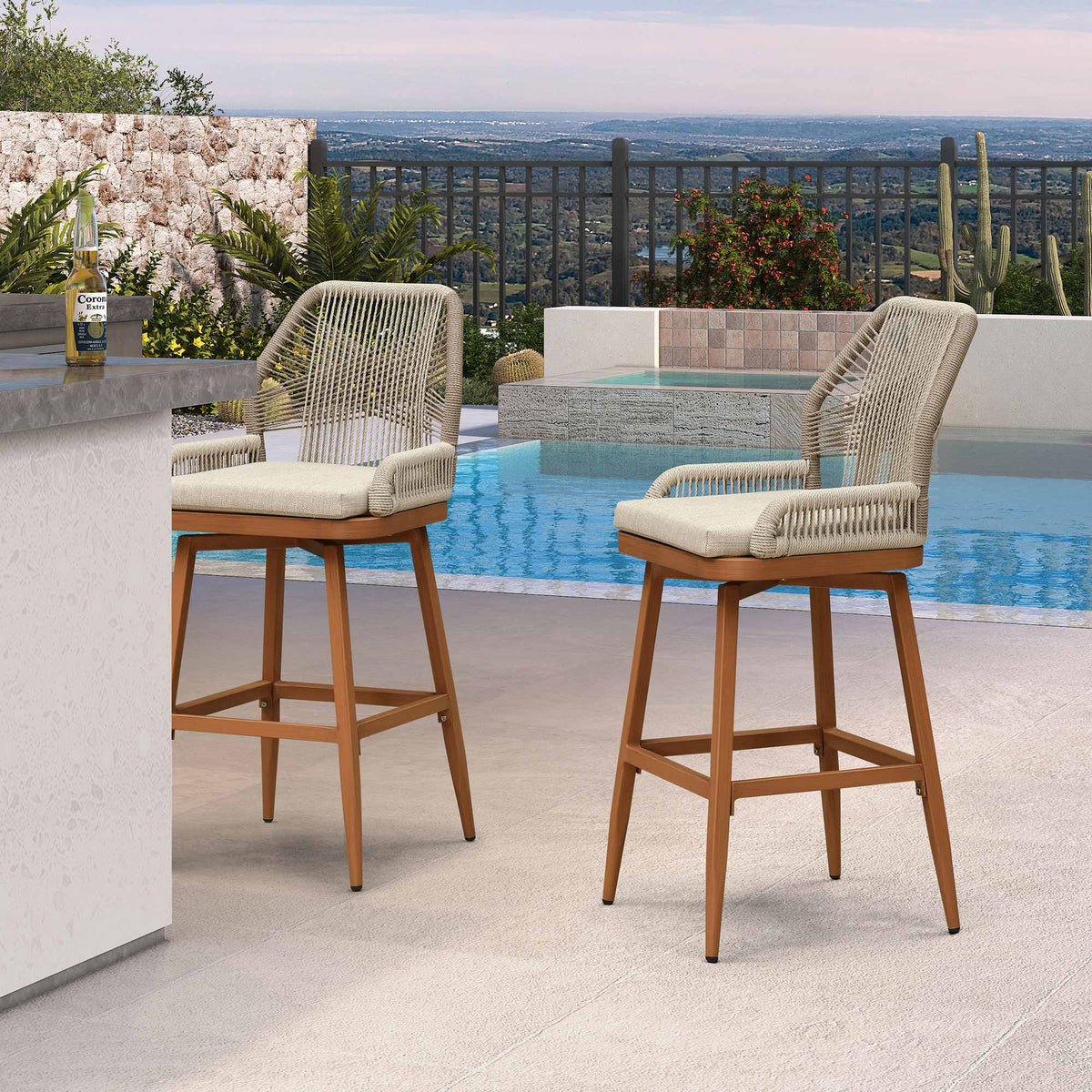 PURPLE LEAF Outdoor Swivel Bar Stools Set of 2 Patio 360° Rotating All-Weather Wicker Stools with Back and Cushion for Outside Backyard Kitchen Bistro Garden Bar