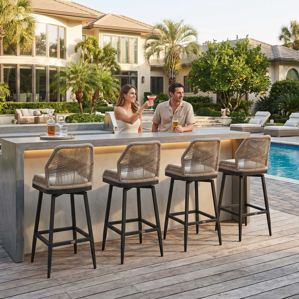 PURPLE LEAF Outdoor Swivel Bar Stools Set of 2 Patio 360° Rotating All-Weather Wicker Stools with Back and Cushion for Outside Backyard Kitchen Bistro Garden Bar
