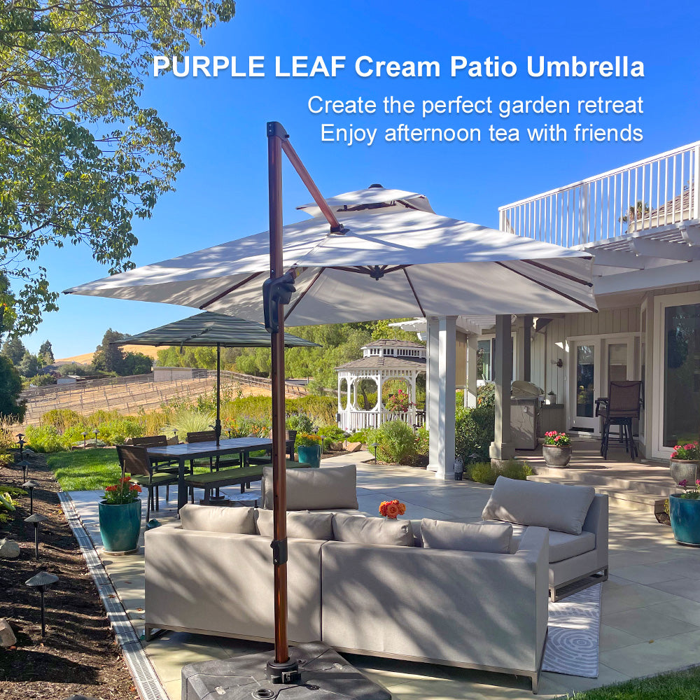 PURPLE LEAF Outdoor Garden Umbrella with Base, Cantilever Umbrellas in Wood Color