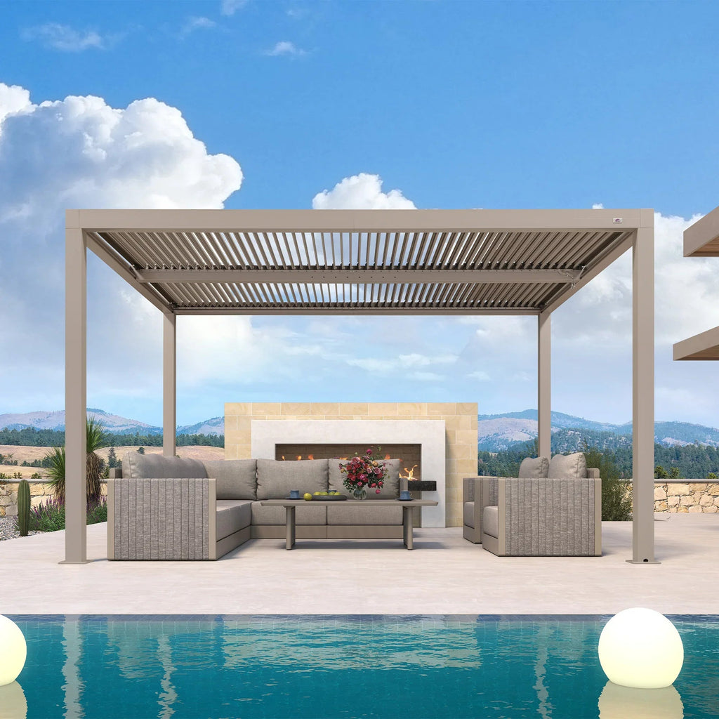 PURPLE LEAF Athena Louvered Pergola Modern Champagne Pergola with Adjustable Roof for Deck Backyard Garden