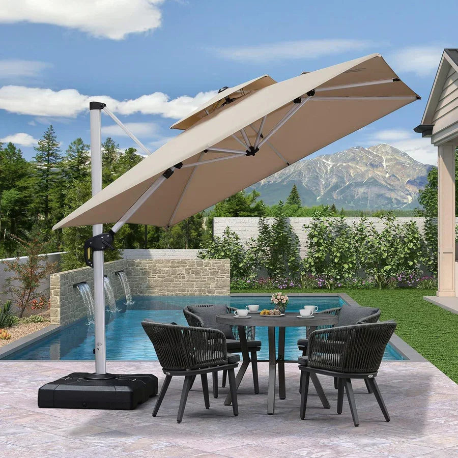 PURPLE LEAF – Grand parasol déporté carré de terrasse avec base pour jardin, piscine et porche