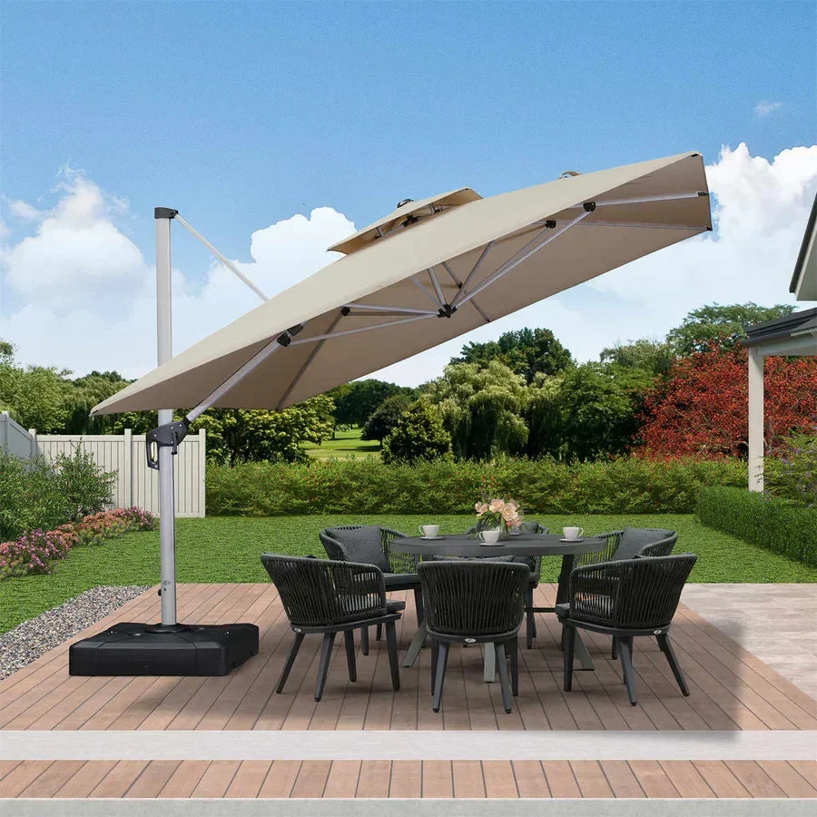 PURPLE LEAF – Grand parasol déporté carré de terrasse avec base pour jardin, piscine et porche