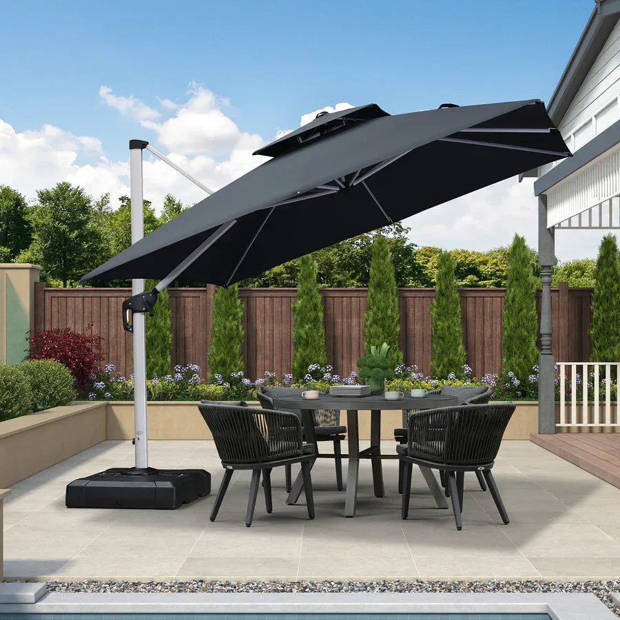 PURPLE LEAF – Grand parasol déporté carré de terrasse avec base pour jardin, piscine et porche