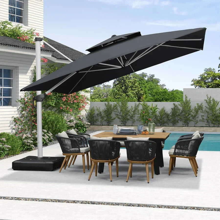 PURPLE LEAF – Grand parasol déporté carré de terrasse avec base pour jardin, piscine et porche
