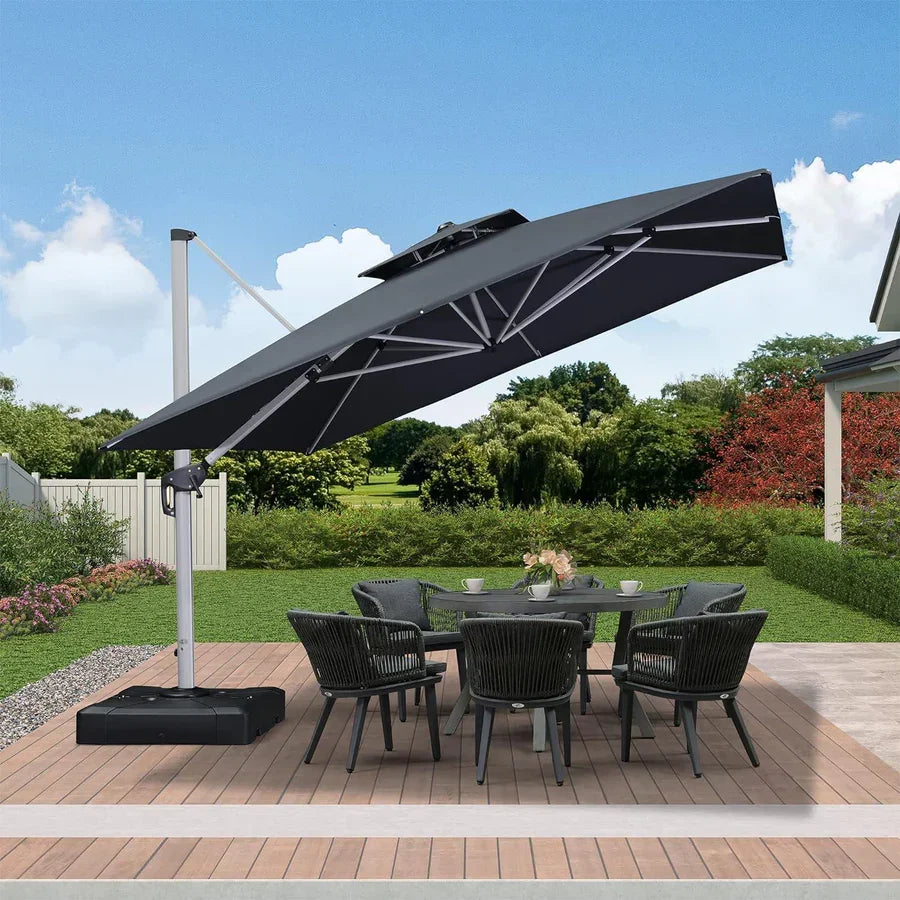 PURPLE LEAF – Grand parasol déporté carré de terrasse avec base pour jardin, piscine et porche