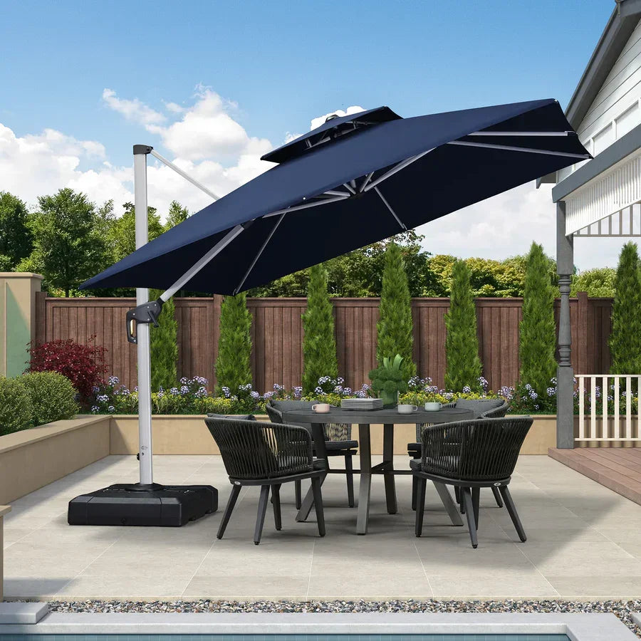 PURPLE LEAF – Grand parasol déporté carré de terrasse avec base pour jardin, piscine et porche