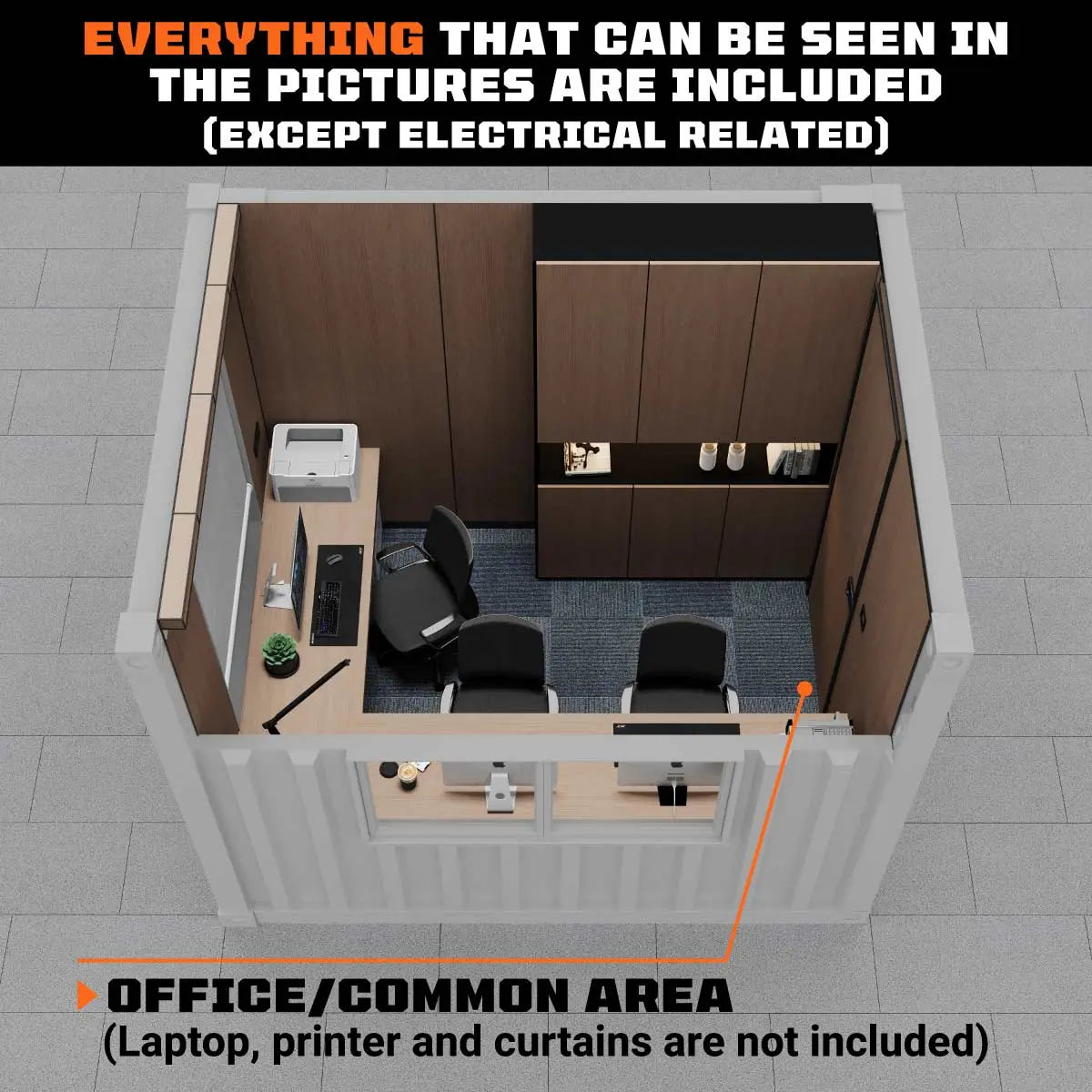 10' Custom Built Steel Container Office, 57 Sq-Ft Working Area, 3 Ergonomic Office Chairs, TMG-SCO10