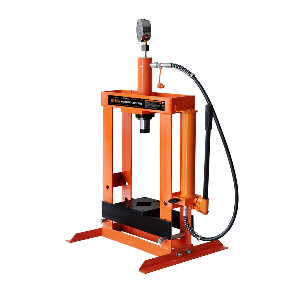 10 Ton Capacity Hydraulic Shop Press, Long Lever Manual Operation, 3 Bed Height Positions, TMG-ASP10 (Discontinued – No Longer Available)