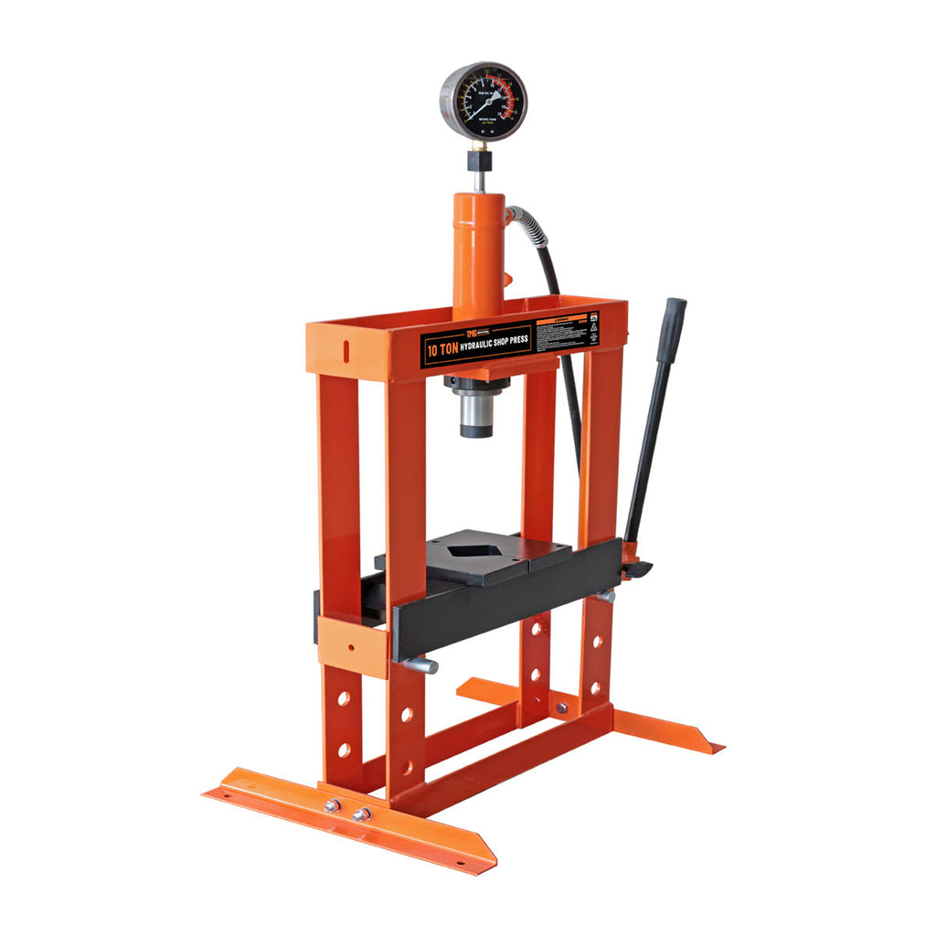 10 Ton Capacity Hydraulic Shop Press, Long Lever Manual Operation, 3 Bed Height Positions, TMG-ASP10 (Discontinued – No Longer Available)