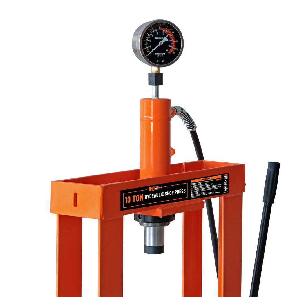 10 Ton Capacity Hydraulic Shop Press, Long Lever Manual Operation, 3 Bed Height Positions, TMG-ASP10 (Discontinued – No Longer Available)