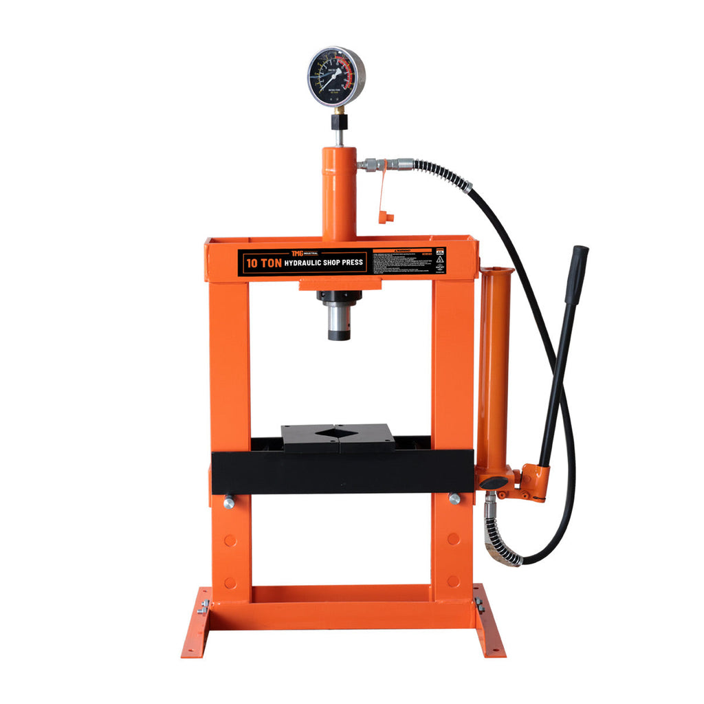 10 Ton Capacity Hydraulic Shop Press, Long Lever Manual Operation, 3 Bed Height Positions, TMG-ASP10 (Discontinued – No Longer Available)