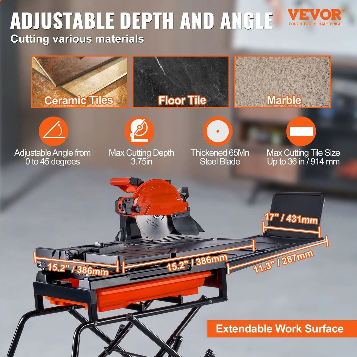 10" Wet Tile Cutter, 4500 RPM Motor, Adjustable Stand Included, Precision Cutting Performance, DOBA-WTC10