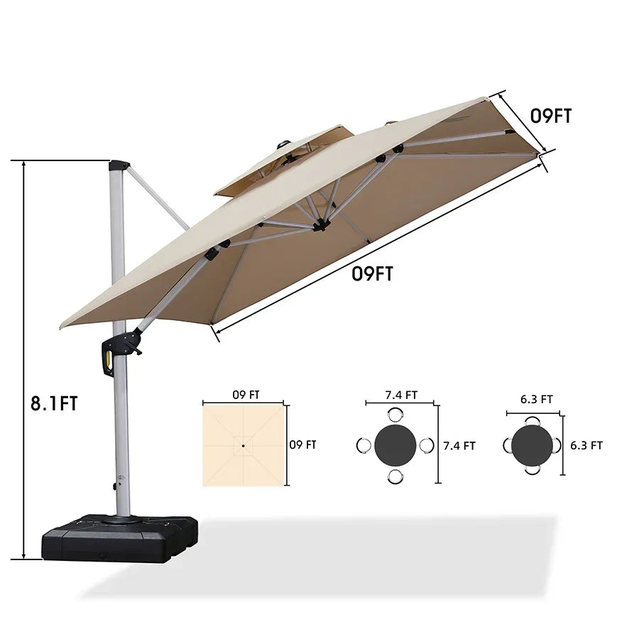 PURPLE LEAF – Grand parasol déporté carré de terrasse avec base pour jardin, piscine et porche