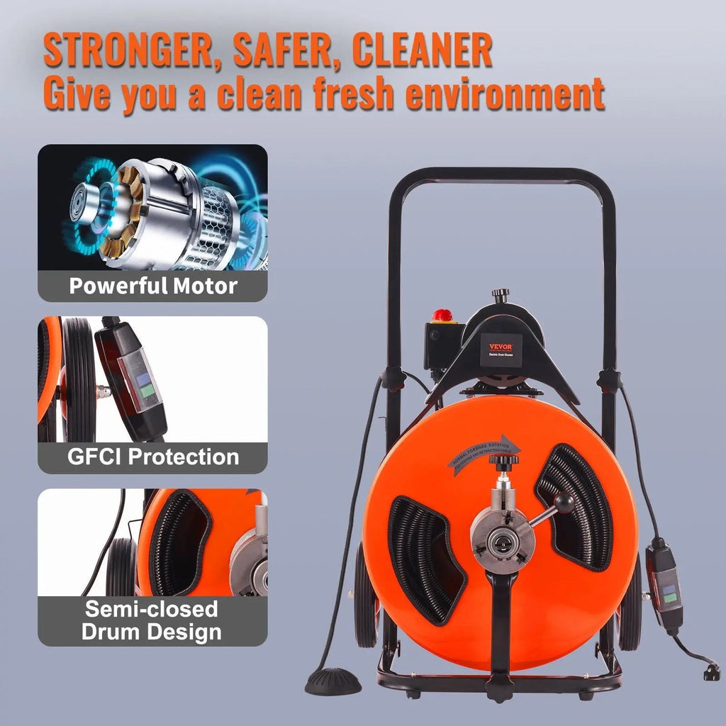 100 FT Drain Auger Cleaner, Auto Feed with Air-Activated Foot Switch for 1 to 4 Inch Pipes, DOBA-DAC100
