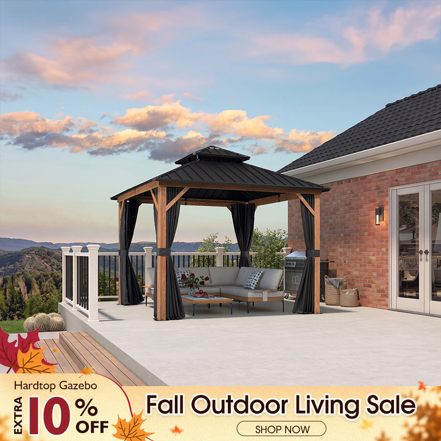 PURPLE LEAF Metal Gazebo Double Roof Wood Grain Aluminum Frame with Curtains and Netting