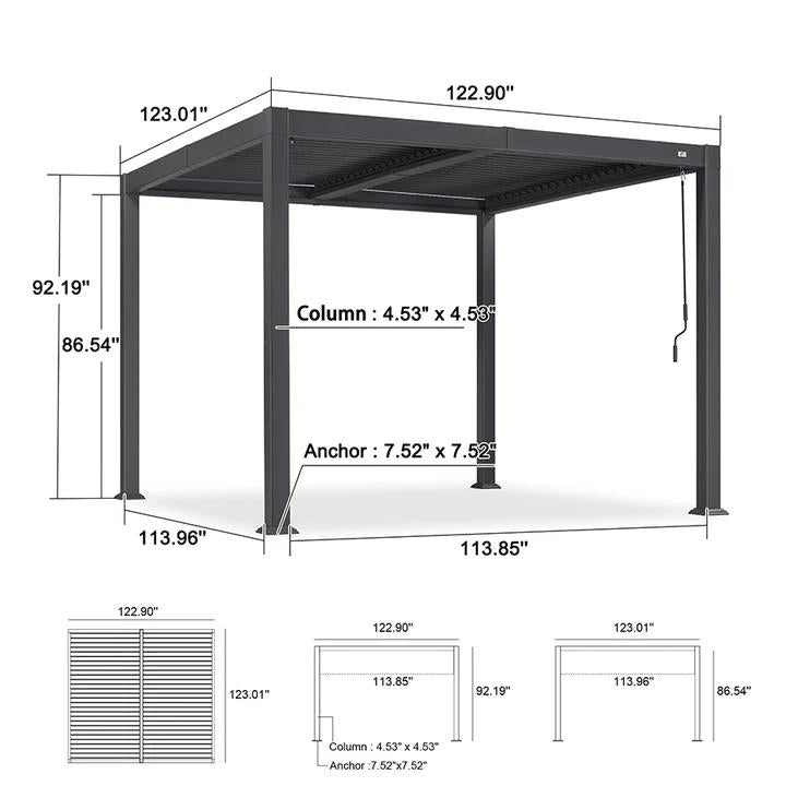 PURPLE LEAF Caesar Louvered Pergola with Yellow String Lights Patio Aluminum Pergola with Independent Adjustable Rainproof Roof Hardtop Pergola for Outdoor Deck Garden Yard