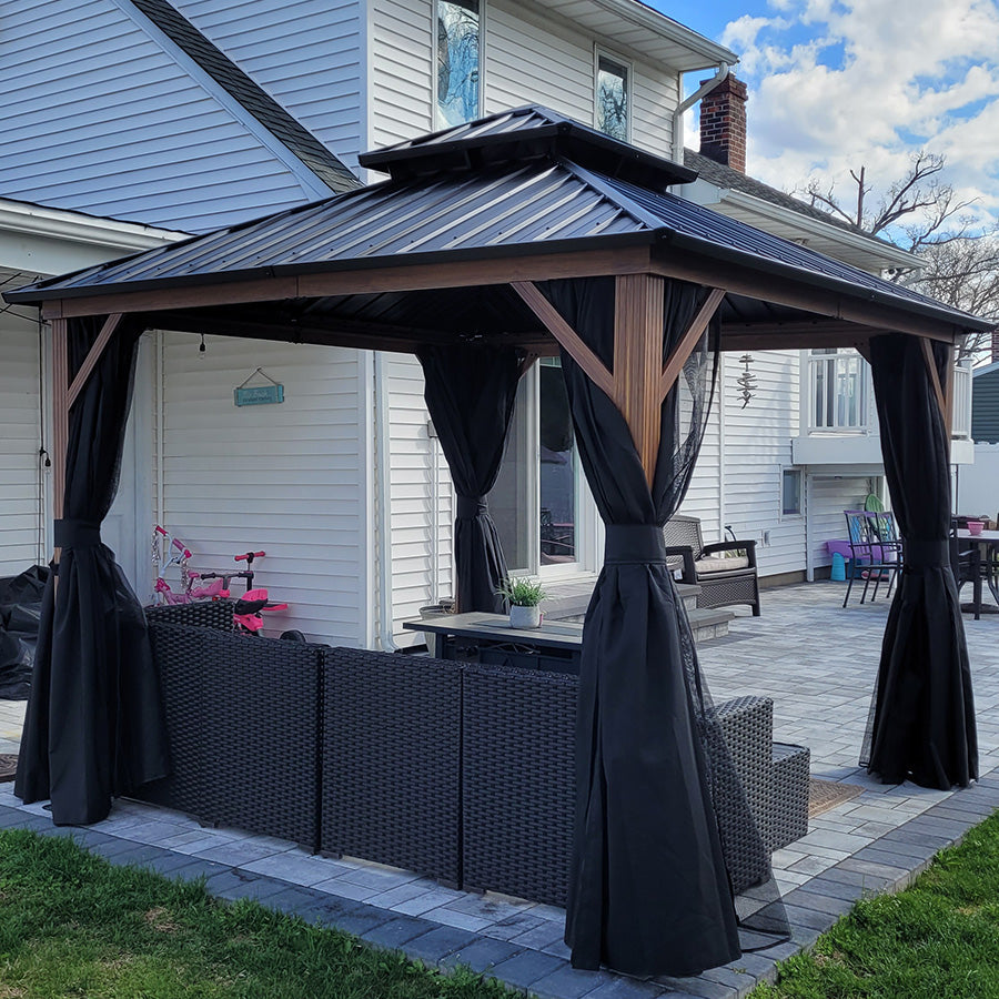 PURPLE LEAF Metal Gazebo Double Roof Wood Grain Aluminum Frame with Curtains and Netting with Lights-clear
