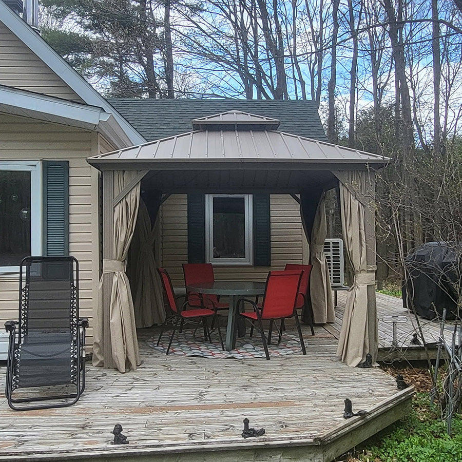 PURPLE LEAF Deck Gazebo Champagne Hardtop Metal Frame Double Roof with Curtains and Netting with Lights-clear