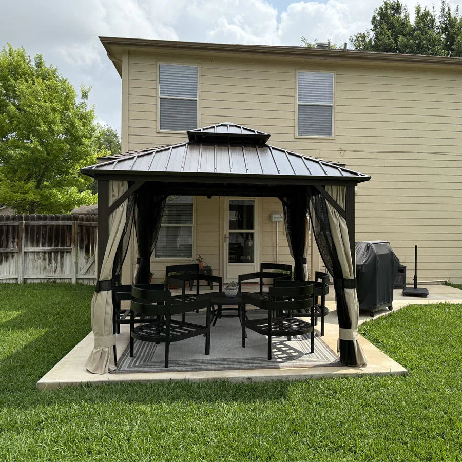 PURPLE LEAF Hardtop Gazebo Featuring Galvanized Steel Double Roof and Bronze Aluminum Frame with Curtains and Netting for Backyard with Lights-milky