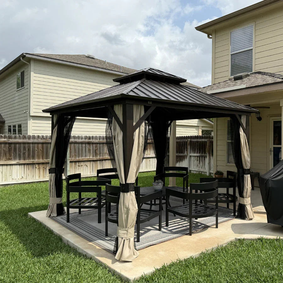 PURPLE LEAF Hardtop Gazebo Featuring Galvanized Steel Double Roof and Bronze Aluminum Frame with Curtains and Netting for Poolside with Lights-clear