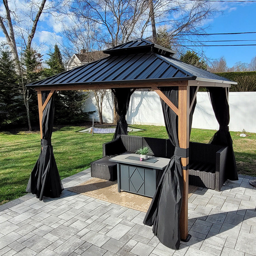 PURPLE LEAF Metal Gazebo Double Roof Wood Grain Aluminum Frame with Curtains and Netting