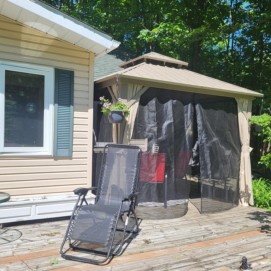 PURPLE LEAF Deck Gazebo Champagne Hardtop Metal Frame Double Roof with Curtains and Netting
