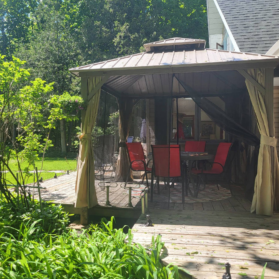PURPLE LEAF Deck Gazebo Champagne Hardtop Metal Frame Double Roof with Curtains and Netting with Lights-clear