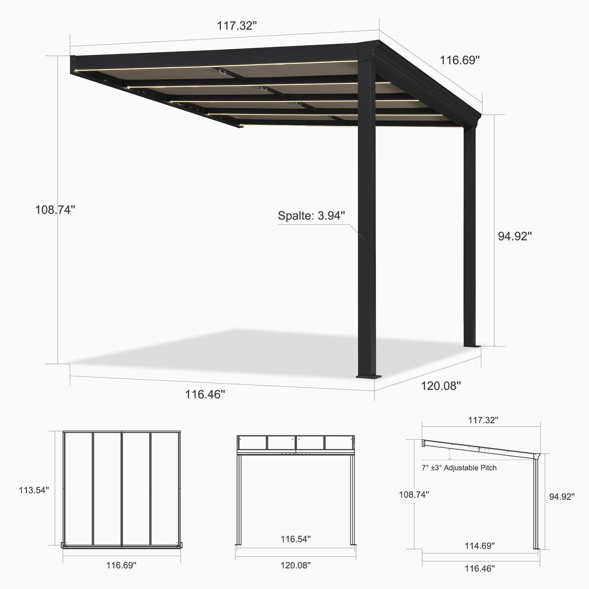 PURPLE LEAF Wall Mounted Gazebo with Gray Polycarbonate Roof Aluminum Frame Patio Cover with Retractable Pleated Shades and LED Strip Light
