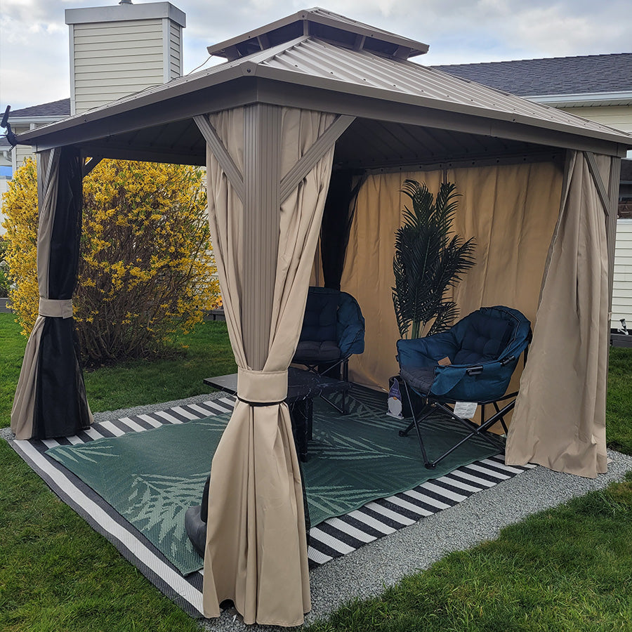 PURPLE LEAF Deck Gazebo Champagne Hardtop Metal Frame Double Roof with Curtains and Netting with Lights-milky