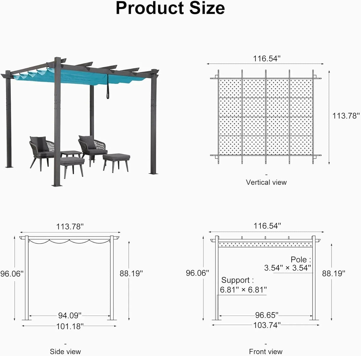 PURPLE LEAF Outdoor Pergola with Retractable Canopy Aluminum Shelter for Beach Porch Garden  Shade Pavilion Pergola  with Curtains