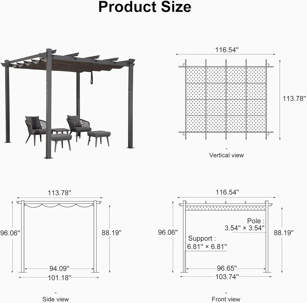 PURPLE LEAF Outdoor Pergola with Retractable Canopy Aluminum Shelter for Beach Porch Garden  Shade Pavilion Pergola  with Curtains