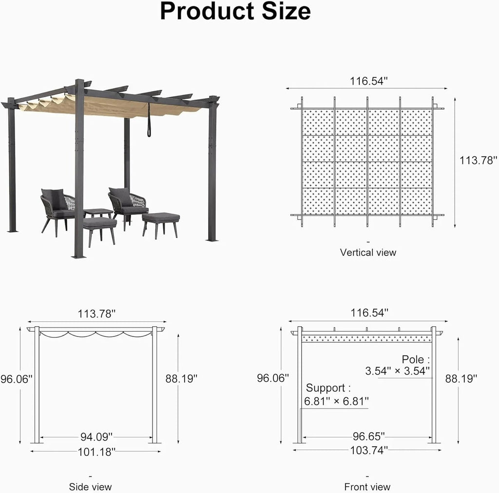 PURPLE LEAF Outdoor Pergola with Retractable Canopy Aluminum Shelter for Beach Porch Garden  Shade Pavilion Pergola  with Curtains