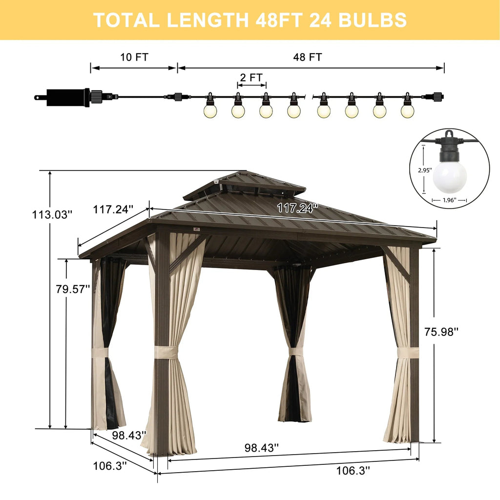 PURPLE LEAF Hardtop Gazebo Featuring Galvanized Steel Double Roof and Bronze Aluminum Frame with Curtains and Netting for Backyard with Lights-milky