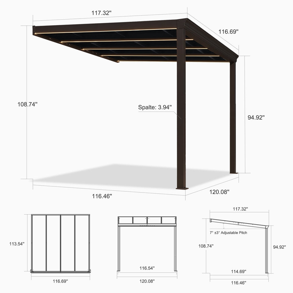 PURPLE LEAF Wall Mounted Gazebo with Gray Polycarbonate Roof Aluminum Frame Patio Cover with Strip Light for Porch