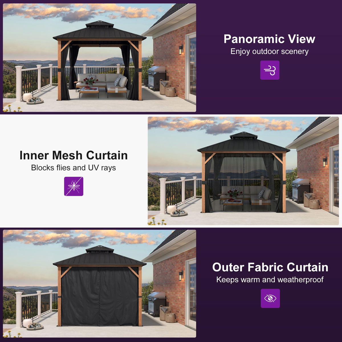 PURPLE LEAF Metal Gazebo Double Roof Wood Grain Aluminum Frame with Curtains and Netting with Lights-clear