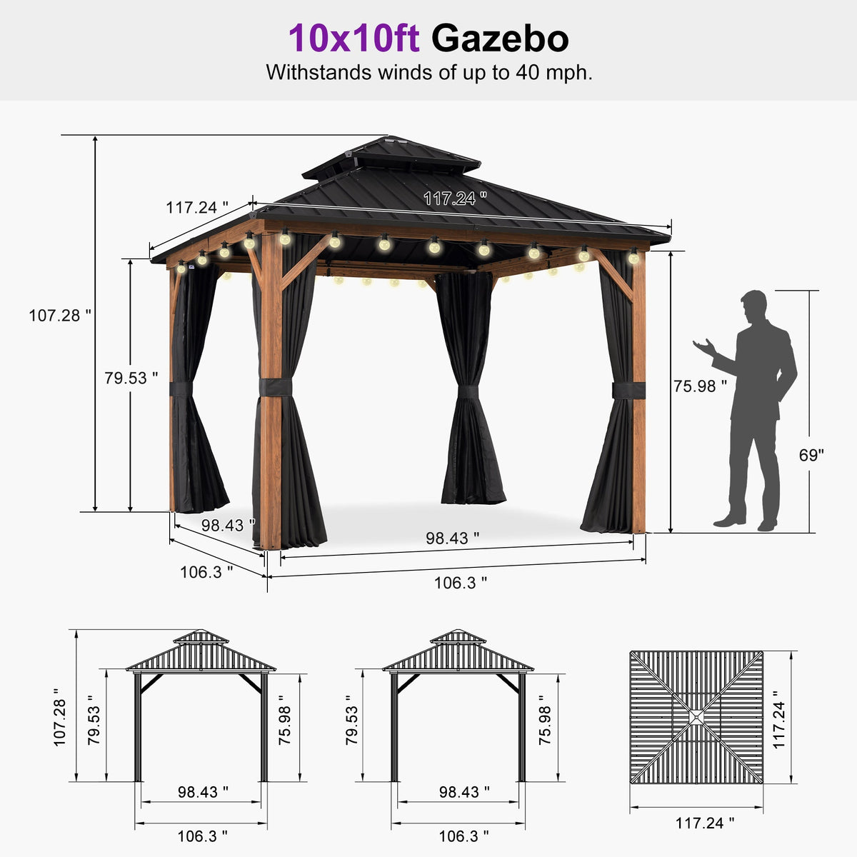 PURPLE LEAF Metal Gazebo Double Roof Wood Grain Aluminum Frame with Curtains and Netting with Lights-clear