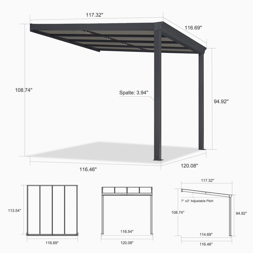 PURPLE LEAF Wall Mounted Gazebo with Gray Polycarbonate Roof Aluminum Frame Patio Cover with Retractable Pleated Shades for Porch