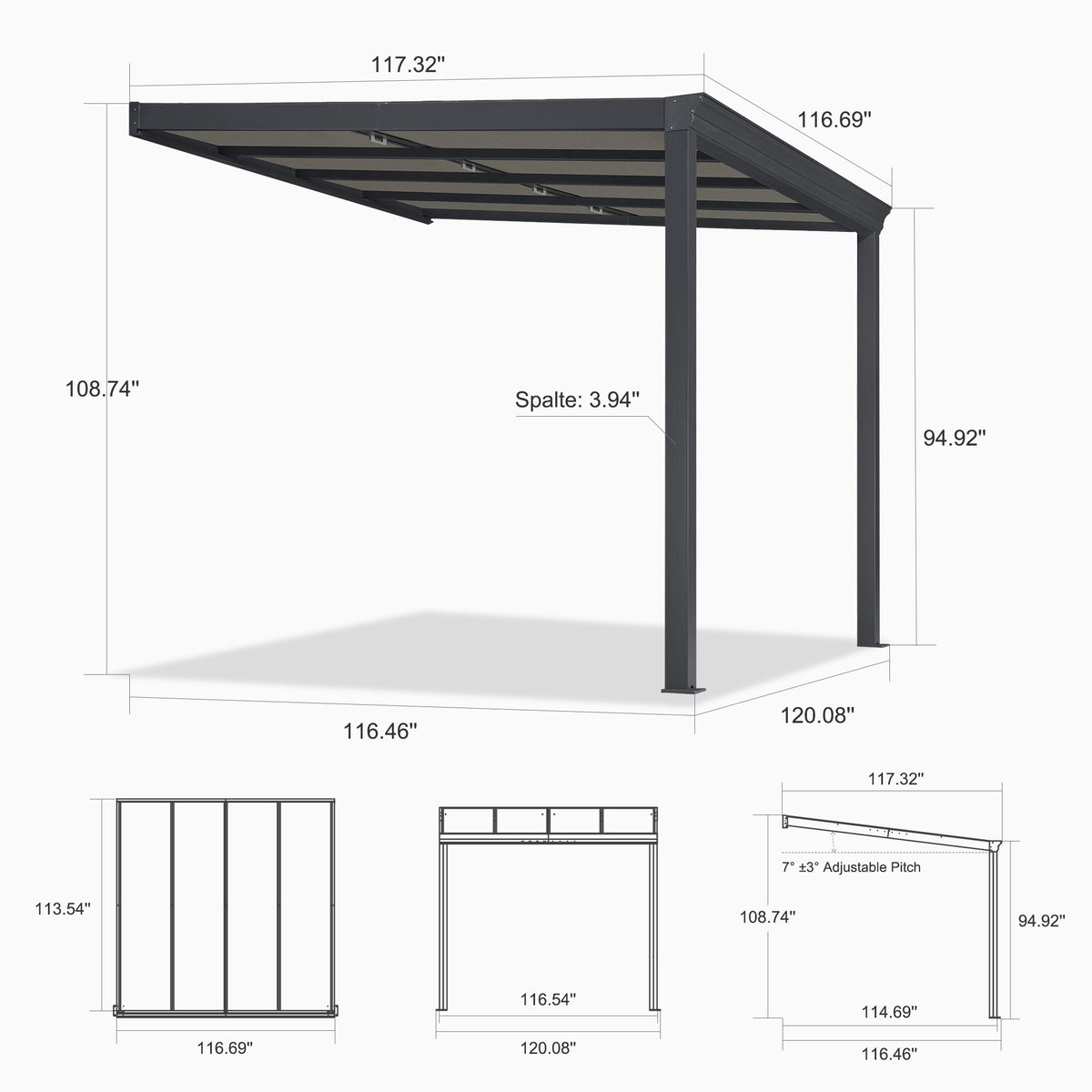 PURPLE LEAF Wall Mounted Gazebo with Gray Polycarbonate Roof Aluminum Frame Patio Cover with Retractable Pleated Shades for Porch