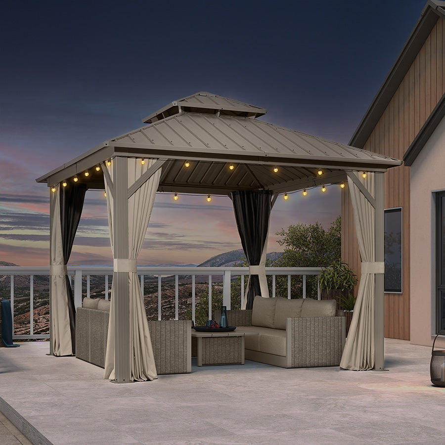 PURPLE LEAF Deck Gazebo Champagne Hardtop Metal Frame Double Roof with Curtains and Netting with Lights-clear