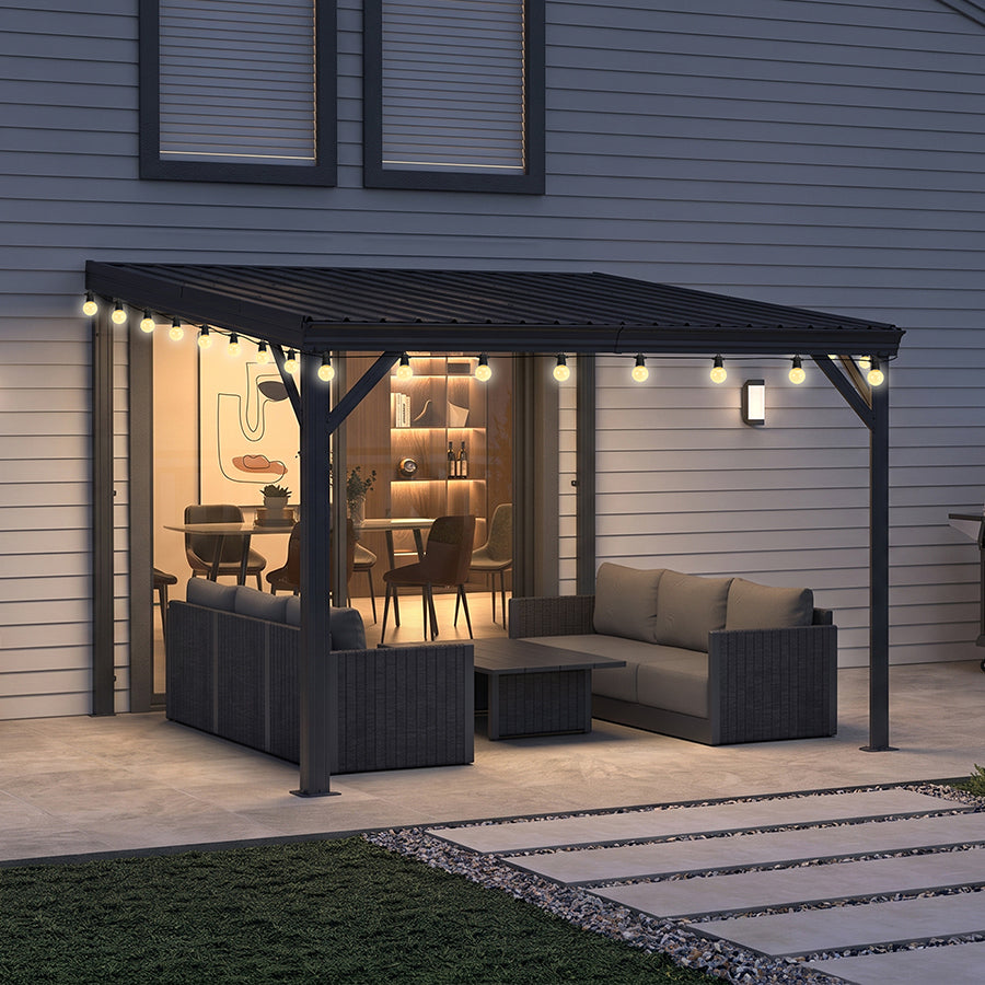 PURPLE LEAF Lean to Gazebo Metal Roof Patio Cover Built-in Drain Slots Wall Mounted Gazebo with Lights-clear for Outdoor Extension