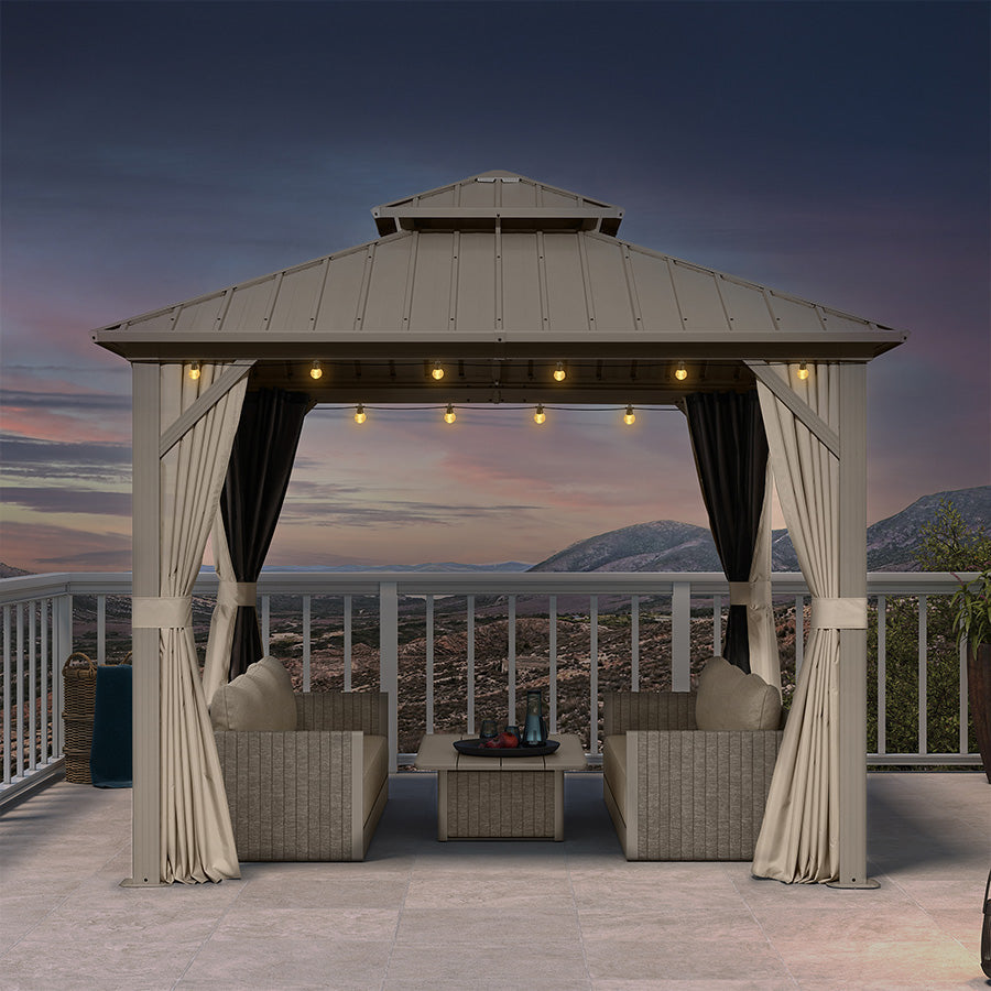 PURPLE LEAF Deck Gazebo Champagne Hardtop Metal Frame Double Roof with Curtains and Netting with Lights-clear