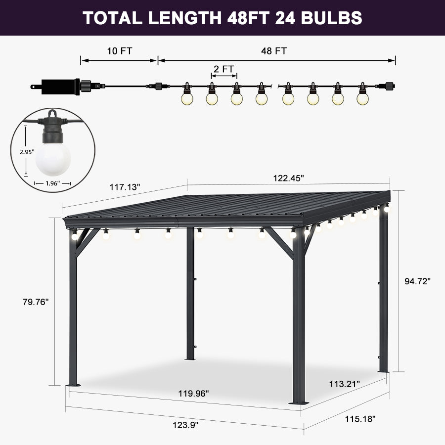 PURPLE LEAF Lean to Gazebo Metal Roof Patio Cover Built-in Drain Slots Wall Mounted Gazebo with Lights-milky for Outdoor Extension