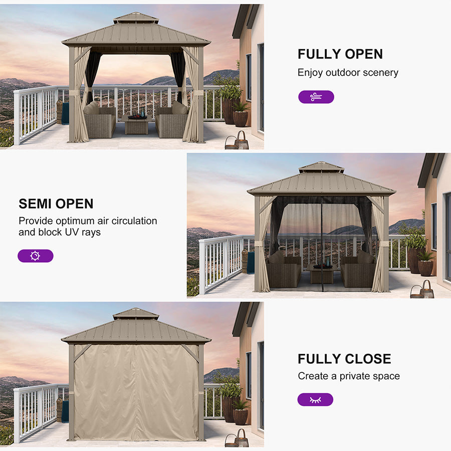 PURPLE LEAF Deck Gazebo Champagne Hardtop Metal Frame Double Roof with Curtains and Netting with Lights-clear